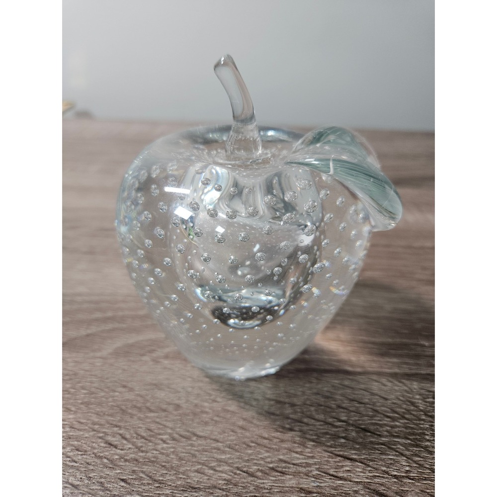 Vintage Clear Controlled Bubble Art Glass Apple Paperweight Bullicante 4.5"